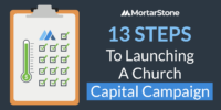 Graphic for MortarStone blog post titled '13 Steps to Launching a Church Capital Campaign,' featuring a checklist on a clipboard and a green fundraising thermometer icon.