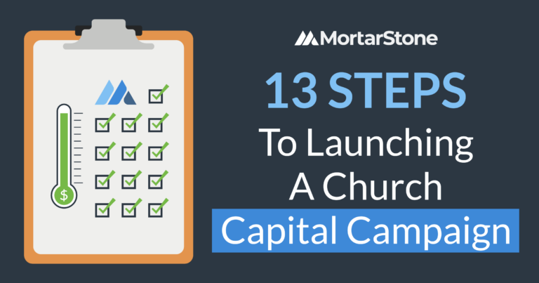 Graphic for MortarStone blog post titled '13 Steps to Launching a Church Capital Campaign,' featuring a checklist on a clipboard and a green fundraising thermometer icon.