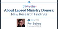 Webinar graphic titled 'About Lapsed Ministry Donors: New Research Findings' with '3 Myths' crossed out. Features the Grey Matter Research & Consulting logo and a photo of Ron Sellers, President of GMR