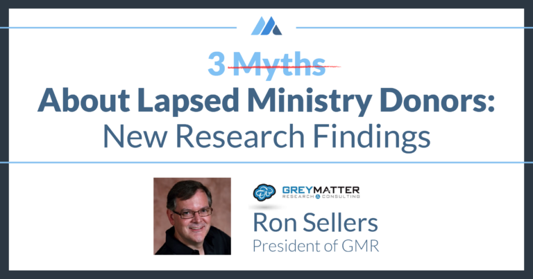 Webinar graphic titled 'About Lapsed Ministry Donors: New Research Findings' with '3 Myths' crossed out. Features the Grey Matter Research & Consulting logo and a photo of Ron Sellers, President of GMR